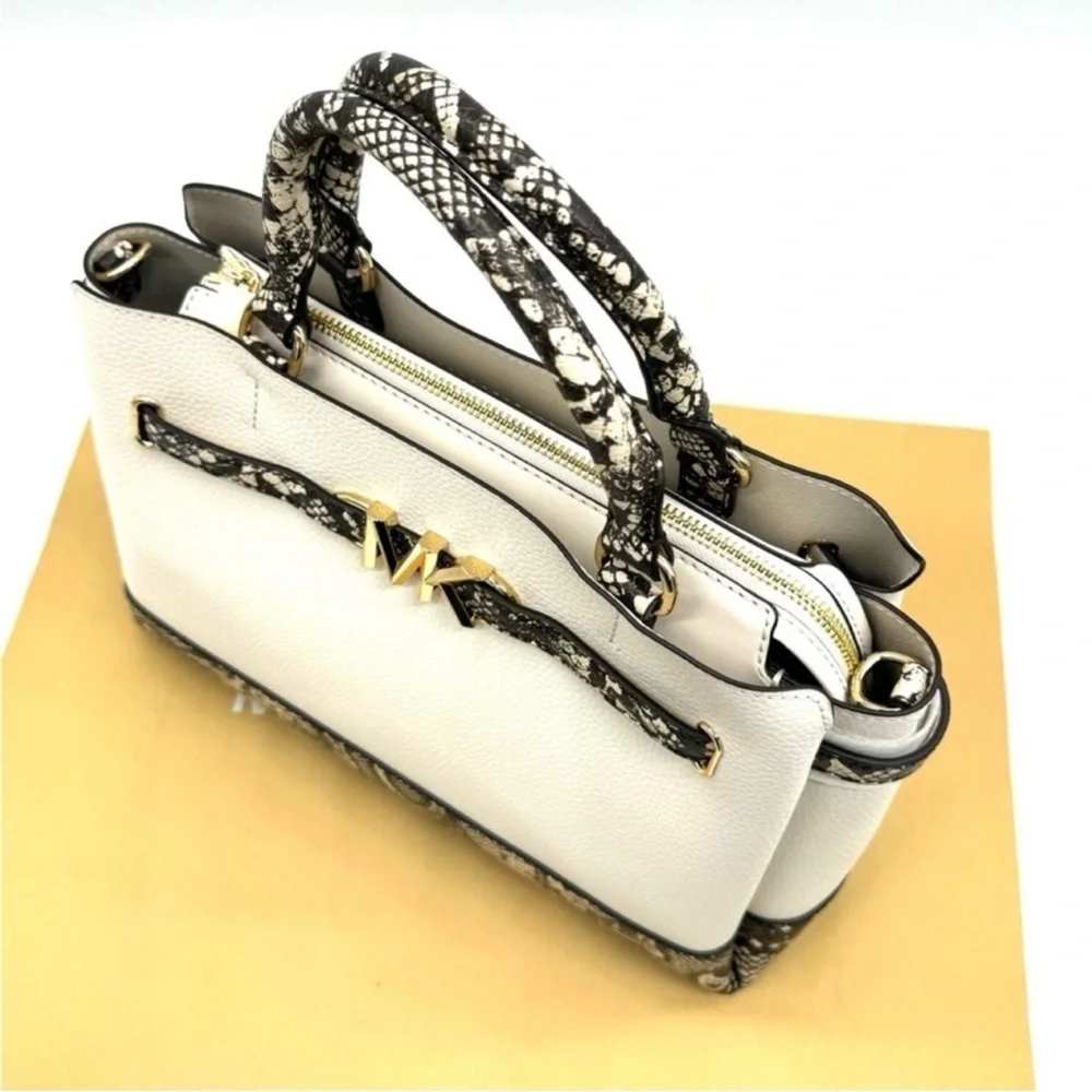 Michael Kors Reed Large Belted Satchel Crossbody Bag Light Cream Snakeskin